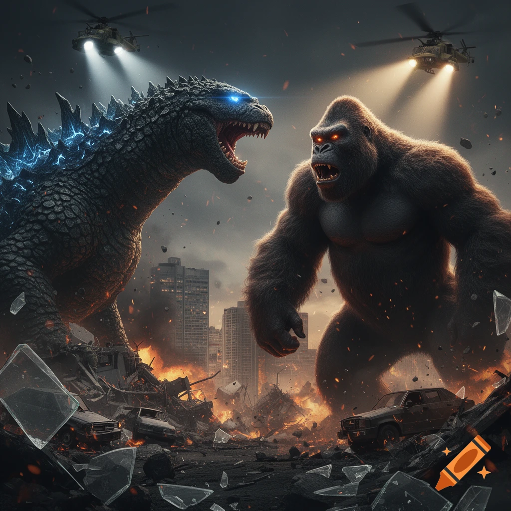 Godzilla with glowing blue spikes and King Kong with glowing red eyes battle amidst a destroyed city, illuminated by helicopters.