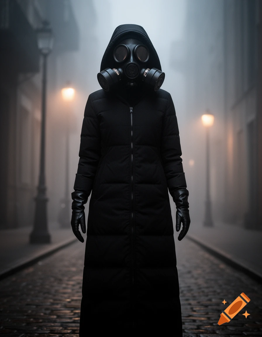 A person in a gas mask, black hooded coat, and gloves stands on a foggy cobblestone street at night, lit by streetlights.