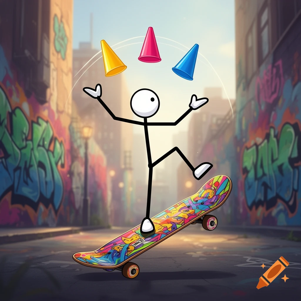 Cartoon stick figure balances on a skateboard on one leg, juggling three colorful cones in a graffiti-covered alley.