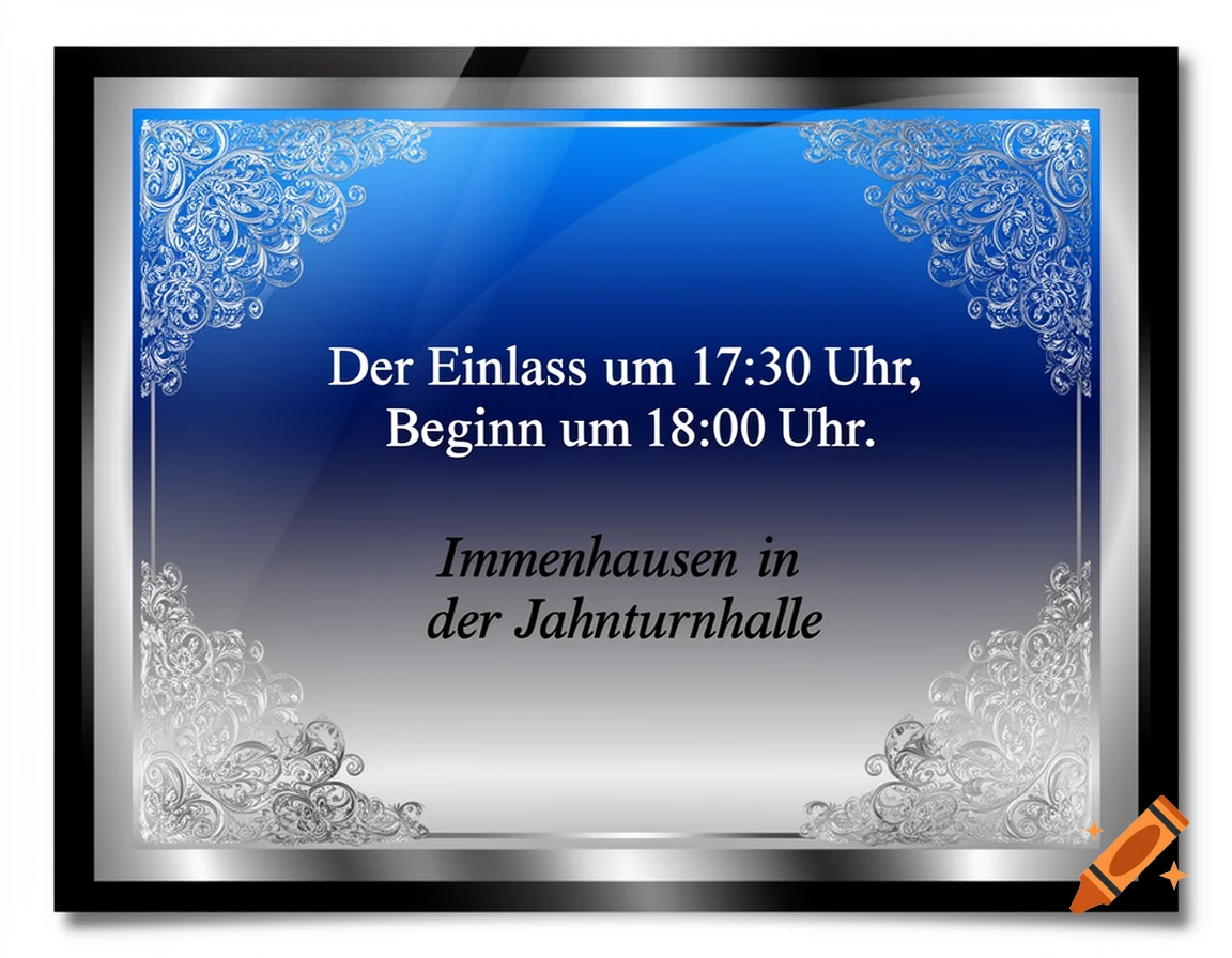 A formal invitation card with a blue and silver gradient background, ornate silver floral patterns, and German text detailing an event's admission time, start time, and location, framed in black and silver.