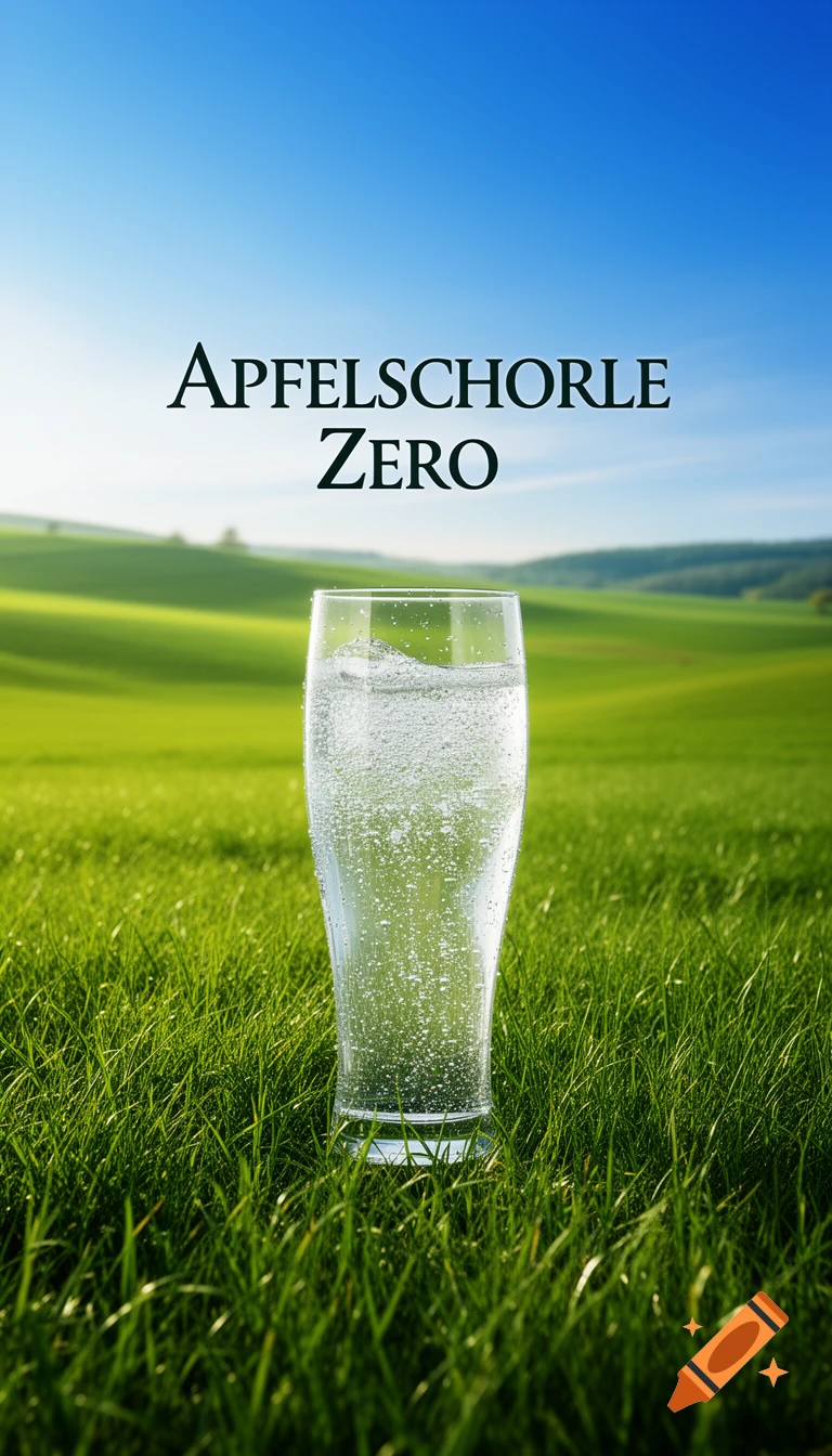 A glass of sparkling water in a lush green field under a blue sky, with 'APFELSCHORLE ZERO' text.