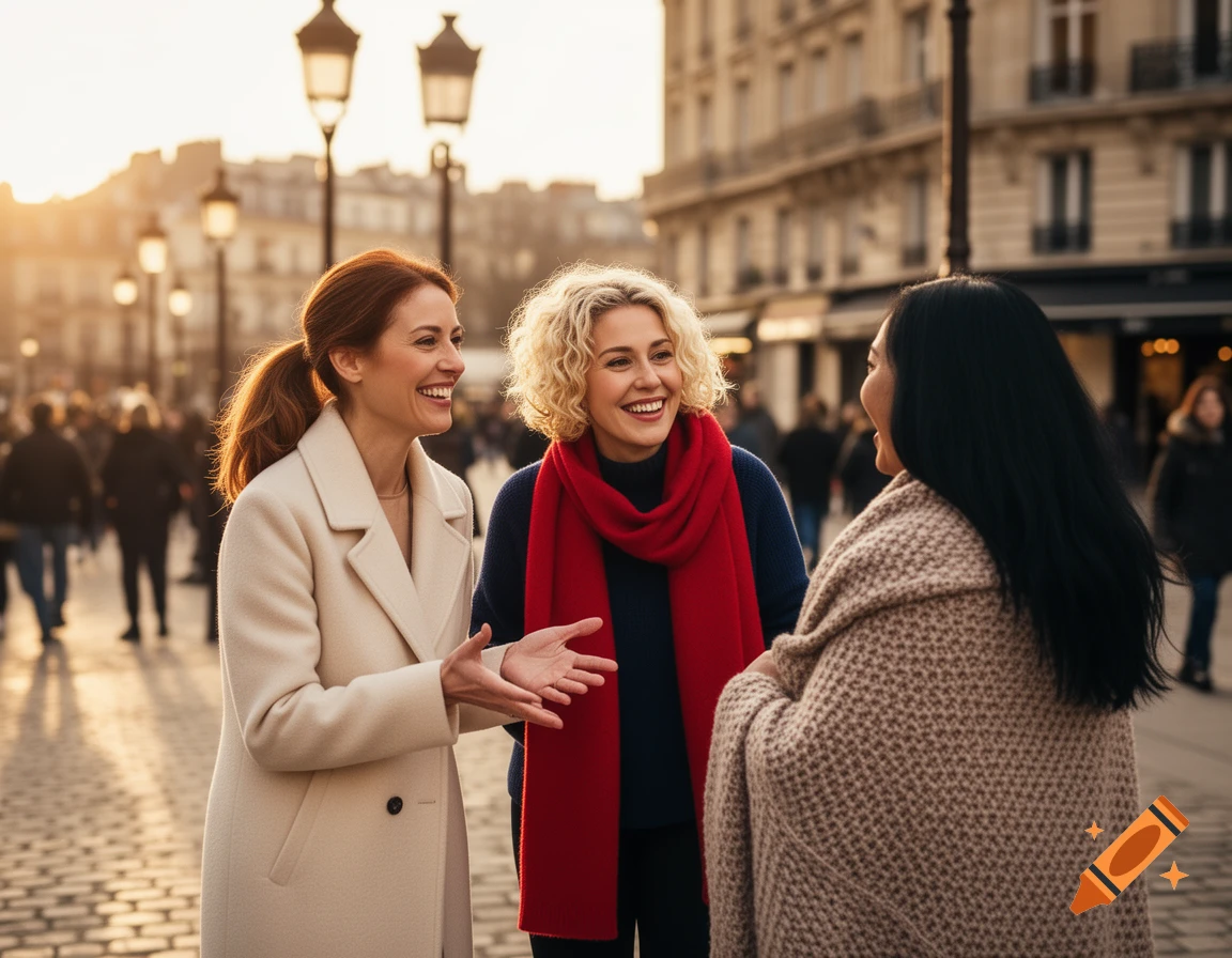 Three smiling women warmly greet each other on a bustling city street during sunset, with buildings in the background.
