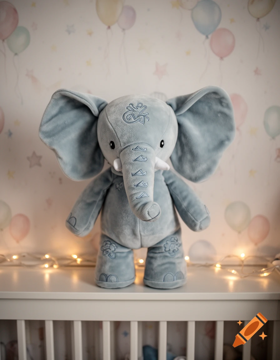 A soft blue plush elephant with embroidered details and white tusks stands on a white crib rail, backed by fairy lights and pastel balloon wallpaper.