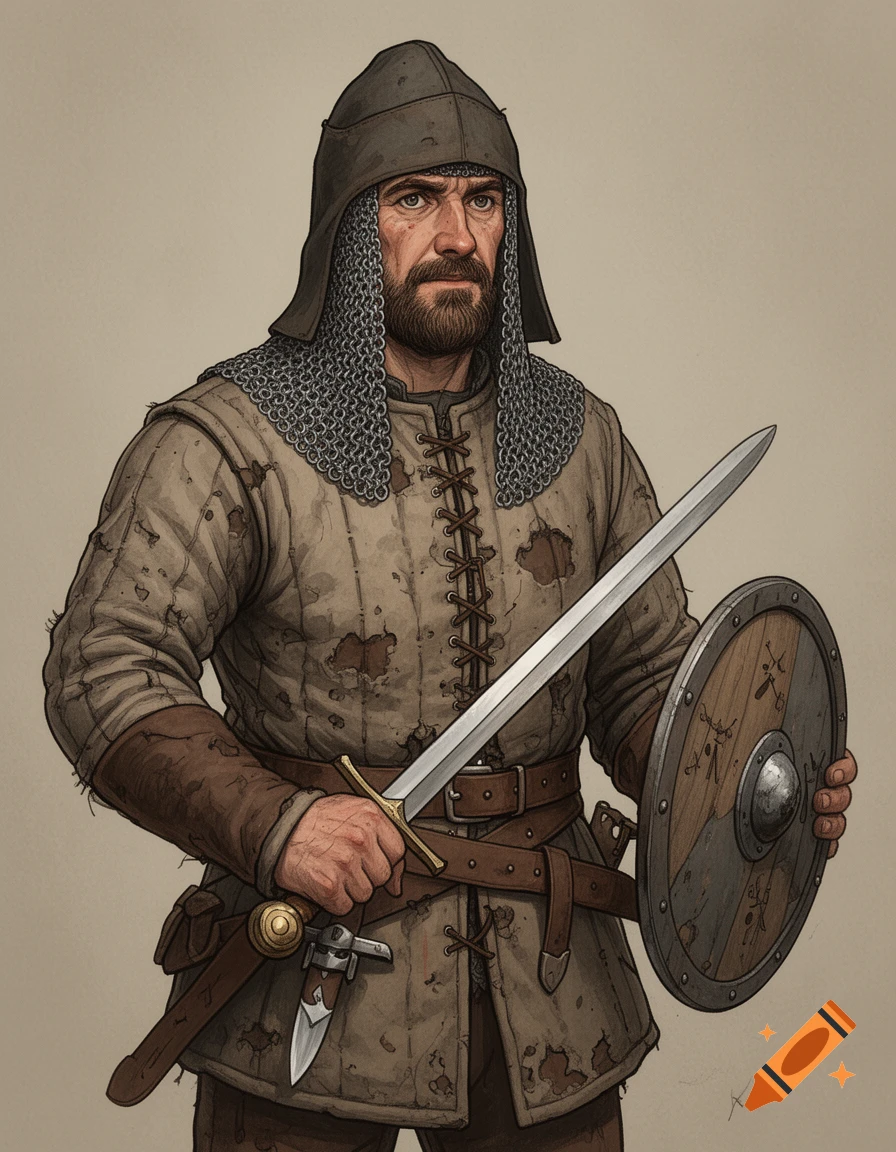 A hand-drawn illustration of a bearded medieval mercenary, wearing a chainmail coif and gambeson, holding a sword and a round shield.