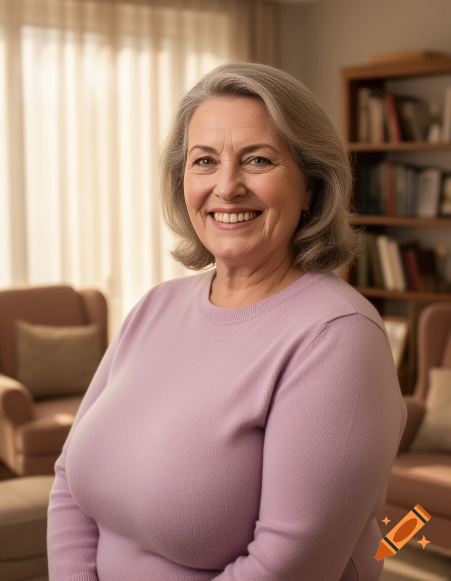 A smiling mature woman with gray hair wears a light purple sweater, standing in a cozy office setting.