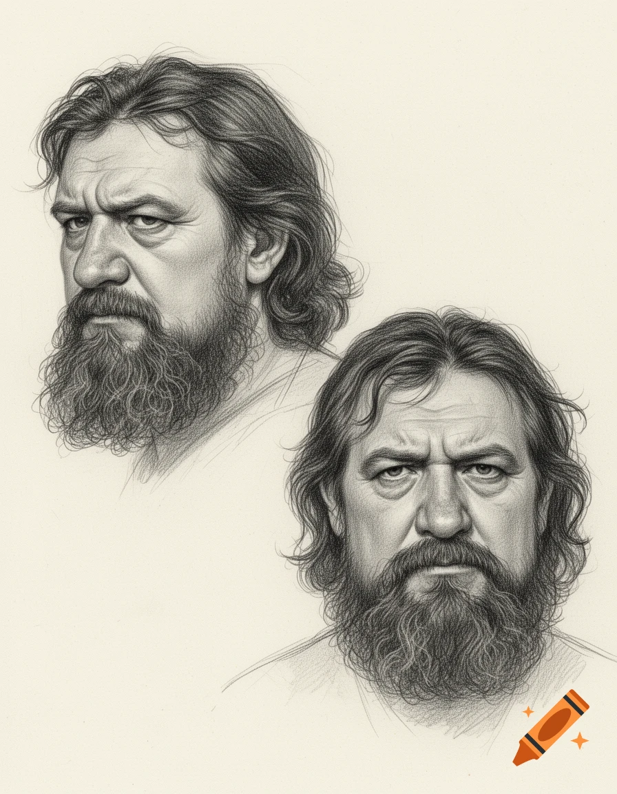 Realistic pencil sketch of a bearded man's face, shown in 3/4 and front views.