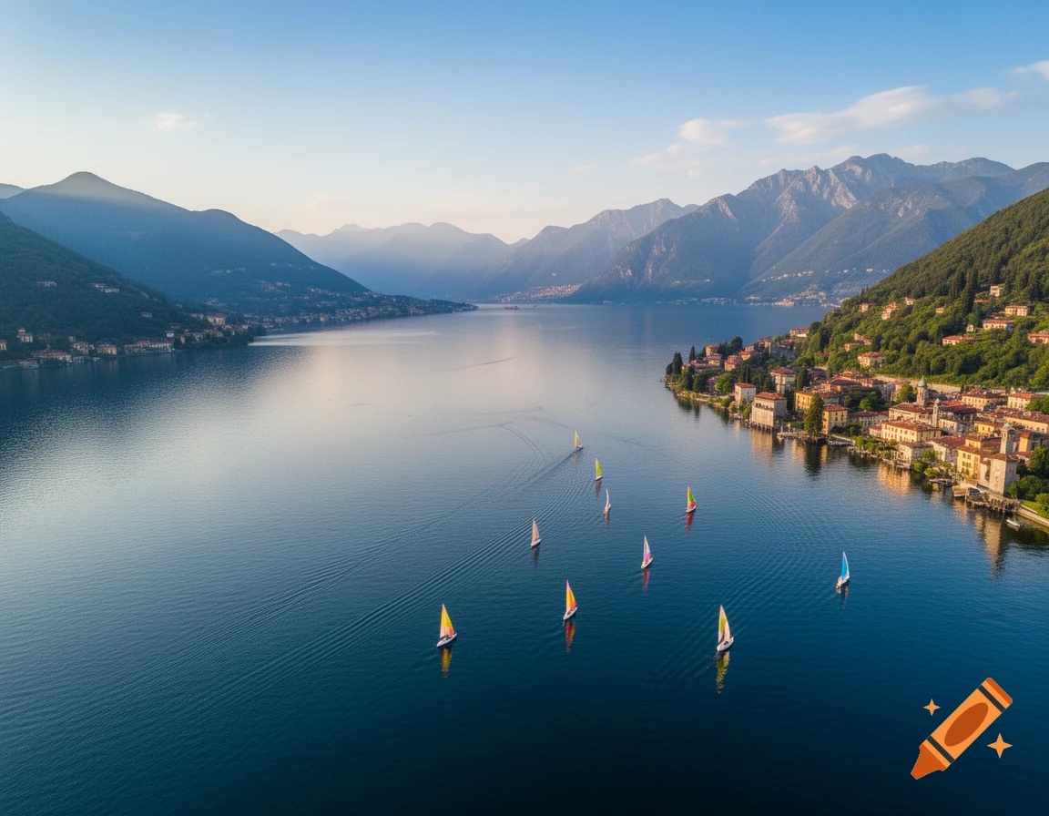 Aerial view of a serene lake with colorful sailboats, surrounded by green mountains and a charming town nestled along the shore.