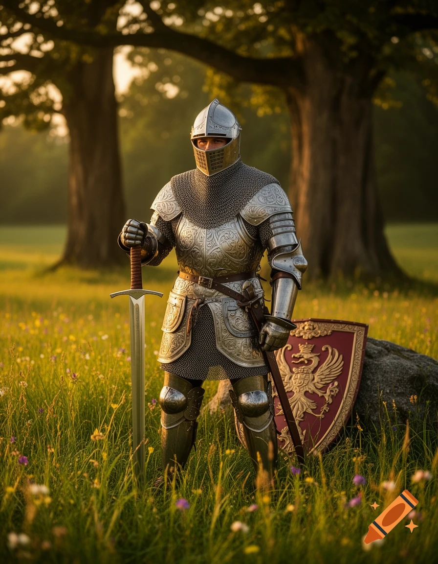 A knight in full plate and chainmail armor stands in a sunlit grassy field, holding a sword. A shield leans on a rock nearby.