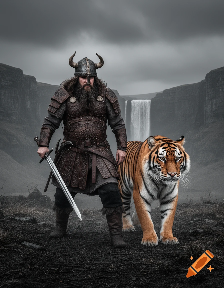 A bearded Viking in armor and horned helmet holds a sword next to a tiger, with a waterfall and mountains in a gloomy landscape.