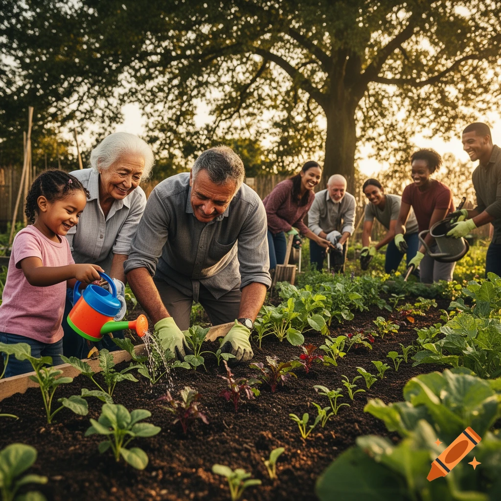 A multi-generational family happily gardens together, planting and watering seedlings in the evening sun.