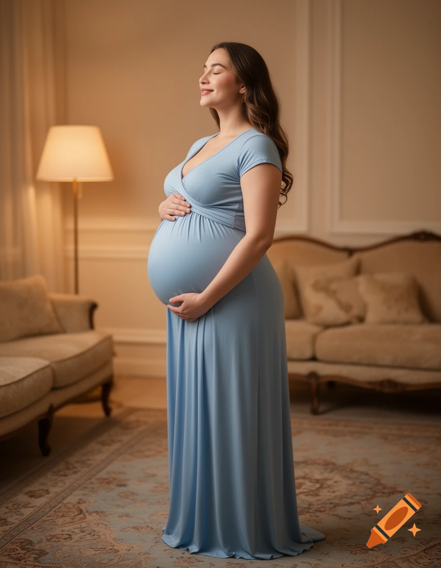 A photorealistic image of a pregnant woman in a blue dress standing in a warmly lit room, smiling with eyes closed, holding her large belly.