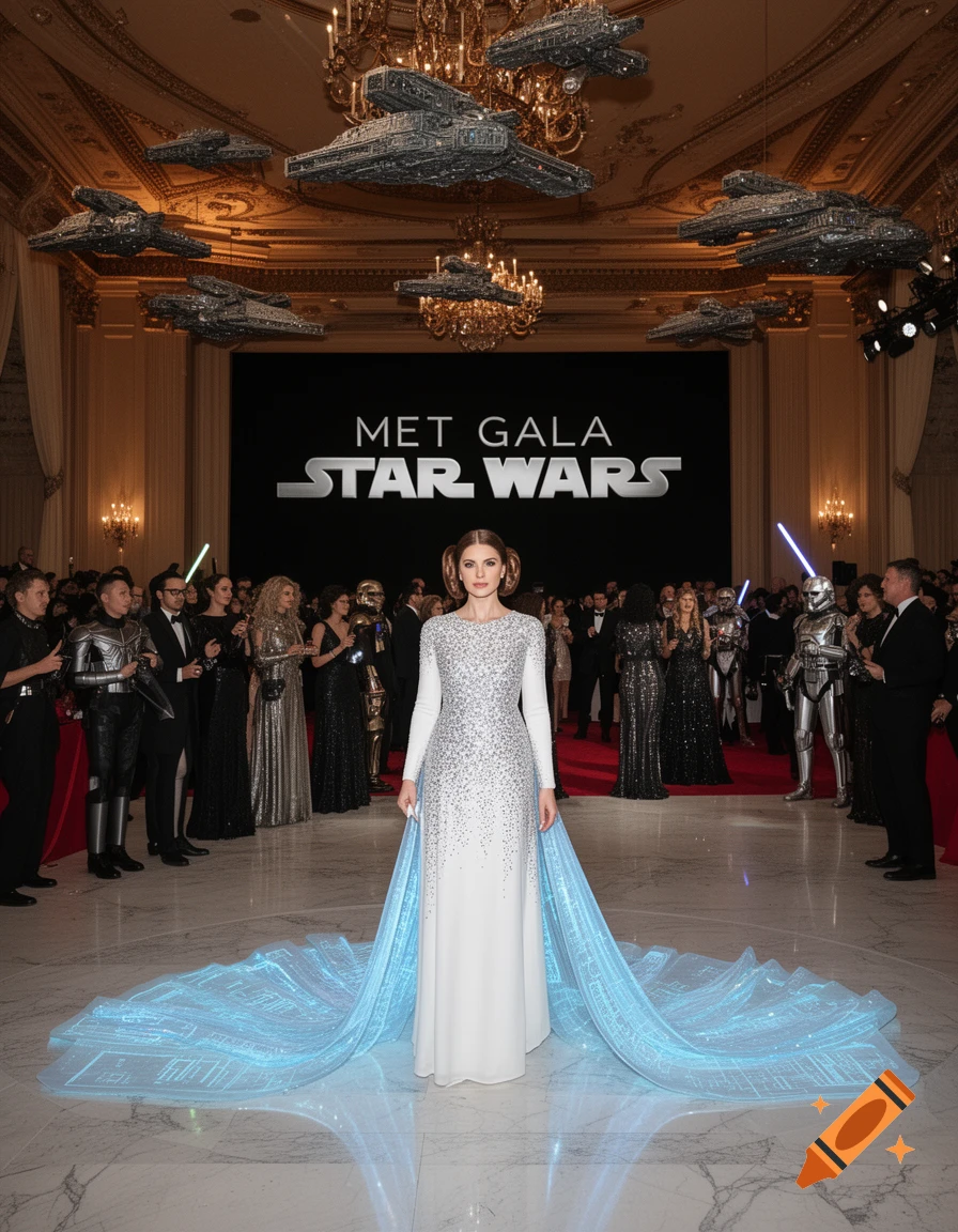 A woman in a sparkling white dress with a glowing blue train stands at a Star Wars-themed Met Gala with hanging Star Destroyers.