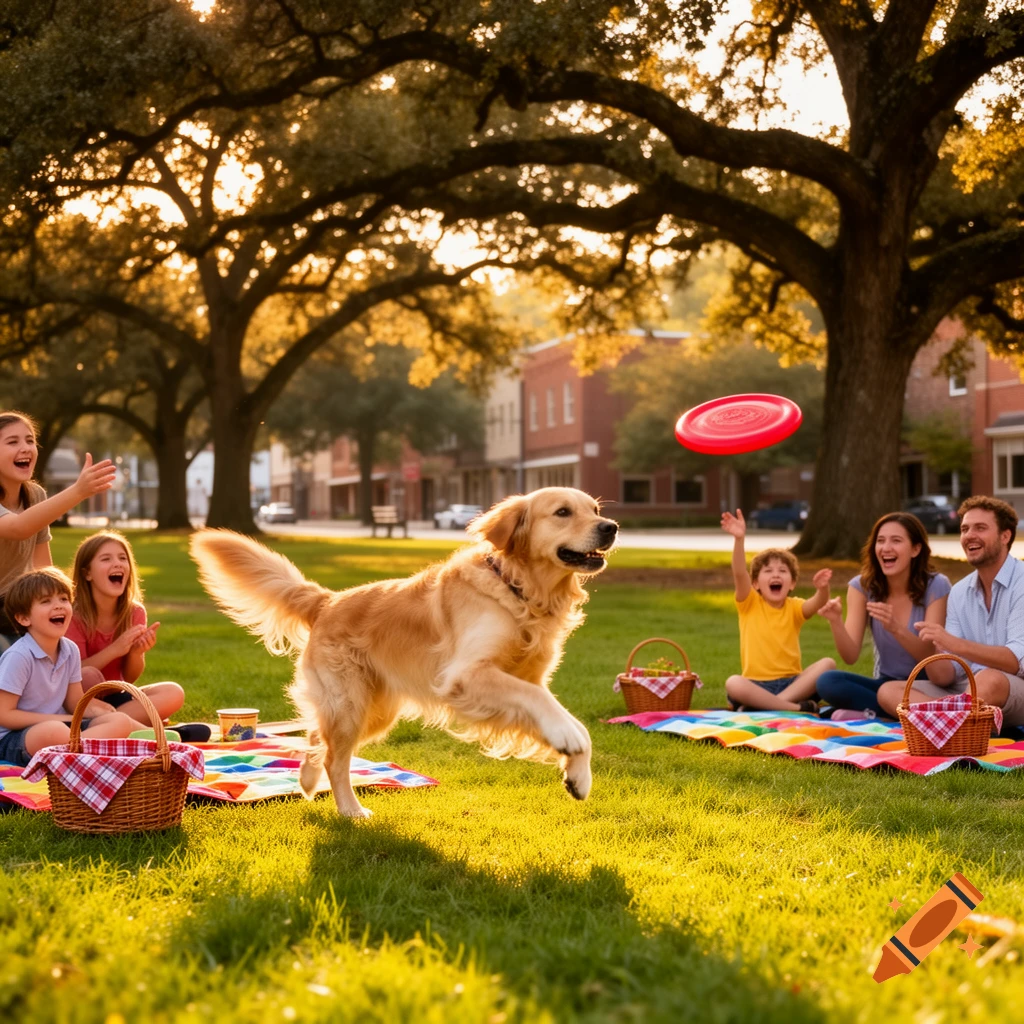 A family with two children and a golden retriever dog enjoy a picnic in ...