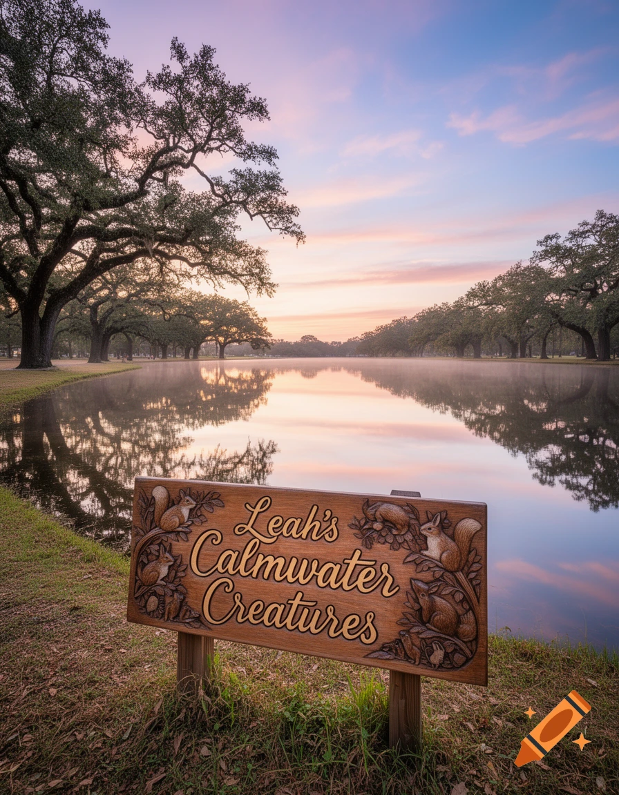 Photorealistic image of a wooden sign reading 'Leah's Calmwater Creatures' by a tranquil lake reflecting trees and a colorful sunset sky.