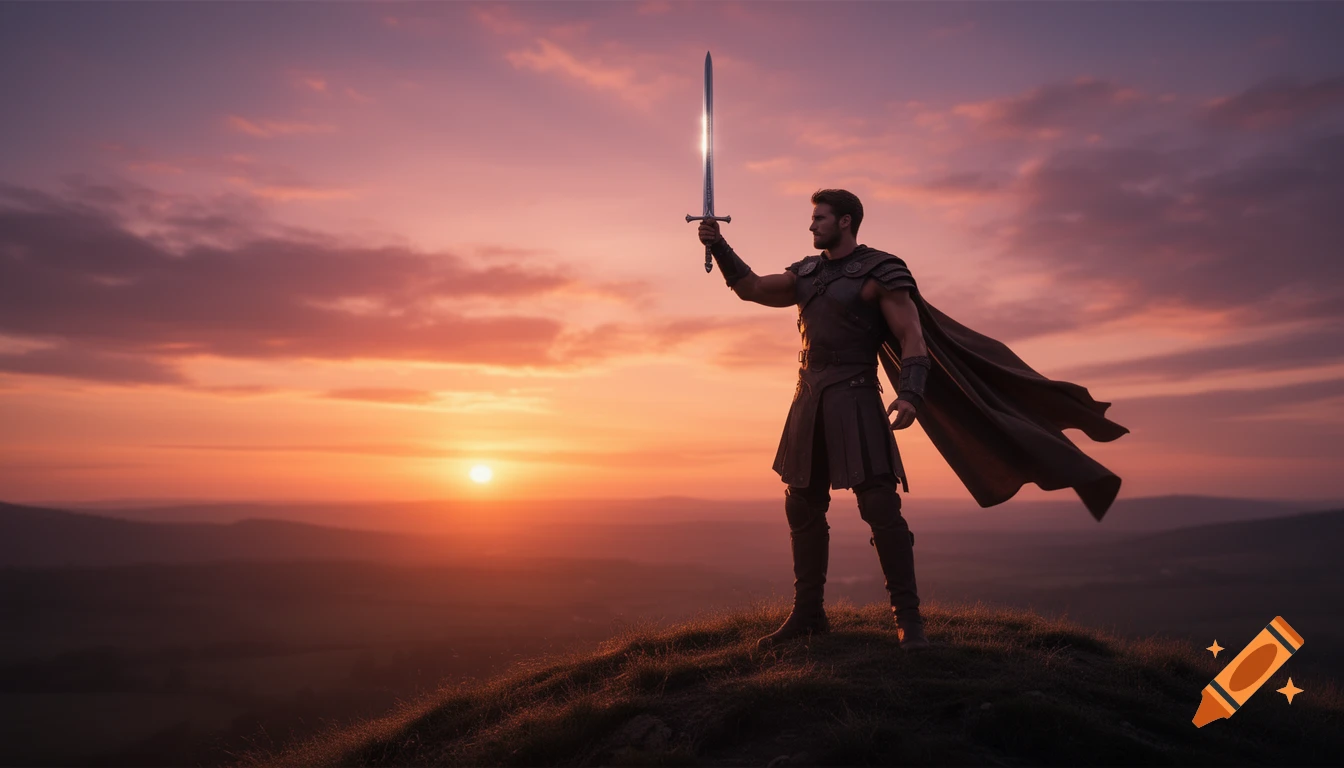 A warrior in armor holds a glowing sword aloft, silhouetted against a vibrant orange and purple sunset over a hilly landscape.
