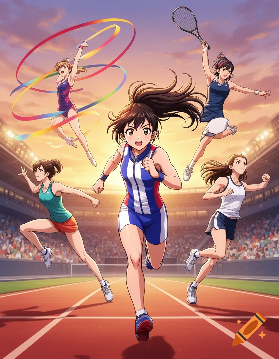 Five anime female athletes, including a runner, rhythmic gymnast, and tennis player, compete in a stadium.