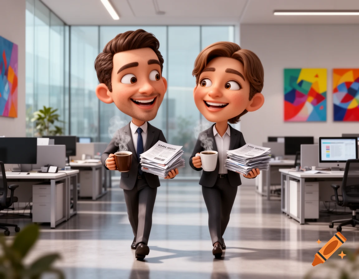 Two smiling, 3D caricature business people walk through a modern office, carrying stacks of reports and steaming coffee mugs.