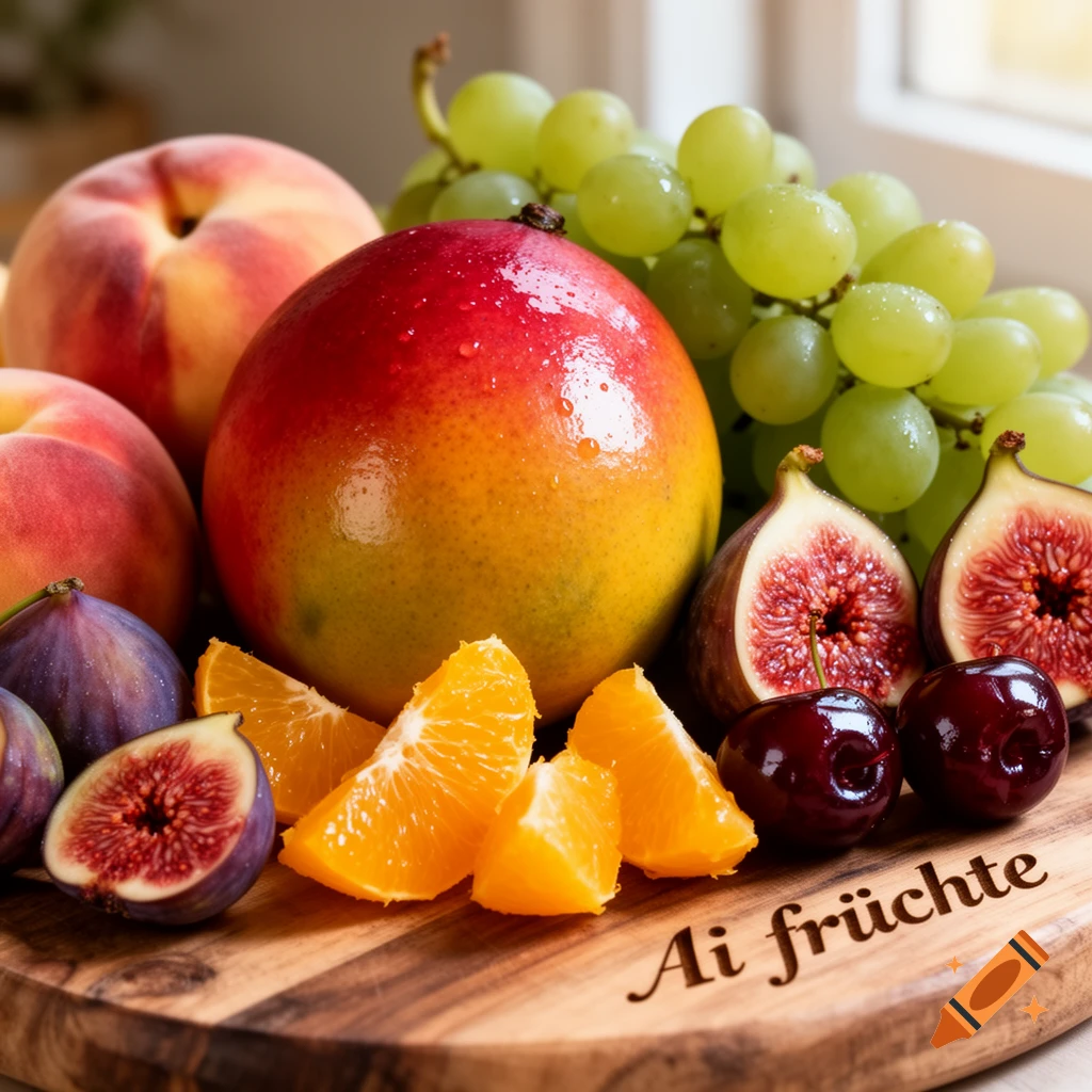 A vibrant photorealistic still life of fresh fruits including peaches, mango, grapes, figs, orange slices, and cherries on a wooden board with 'Ai früchte' text.
