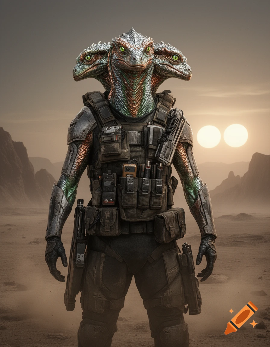A photorealistic three-headed reptilian alien soldier with metallic scales stands in rugged gear on a desert planet under two suns.