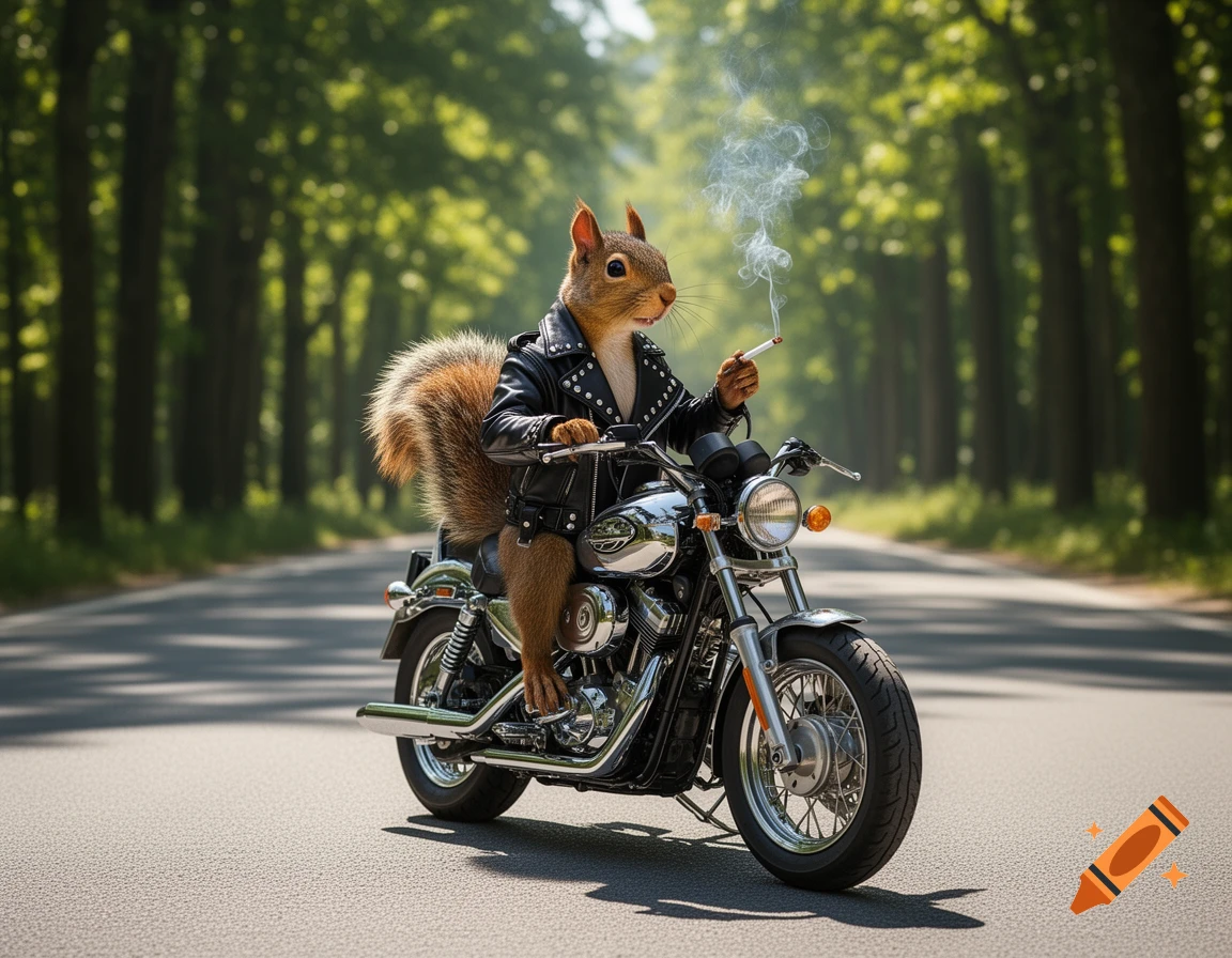 A photorealistic squirrel in a leather jacket smokes a cigarette while riding a motorcycle down a forest road.