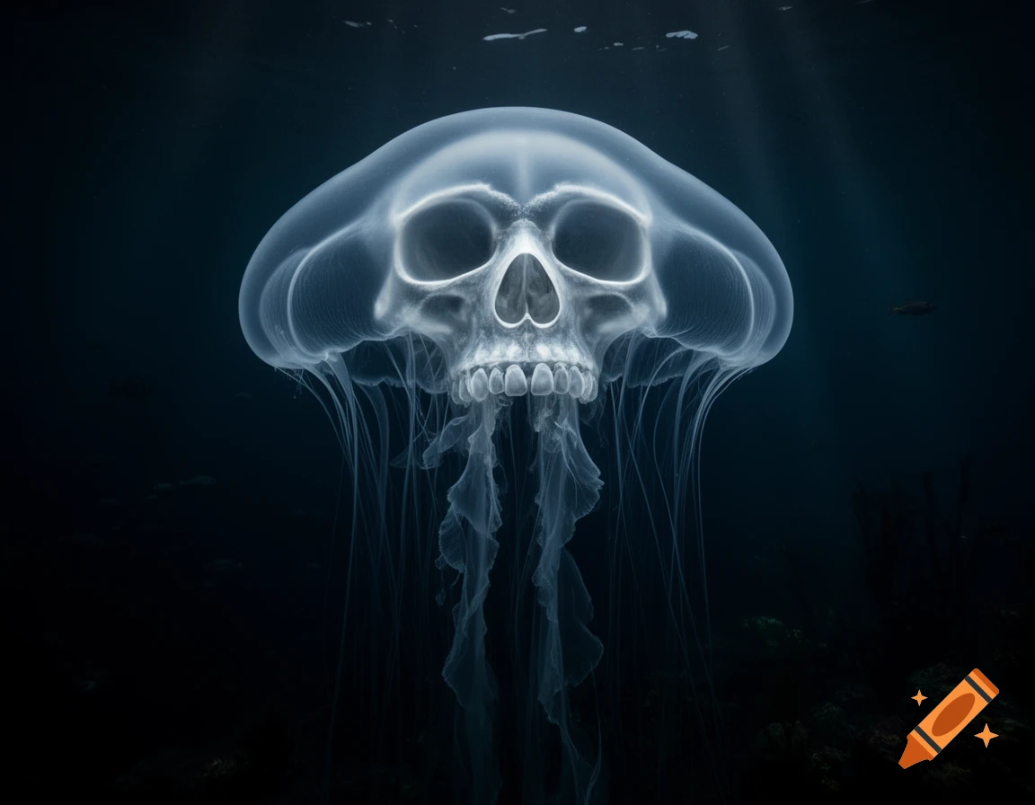 Translucent jellyfish with a human skull for a head, glowing in a dark underwater scene with light rays from above.