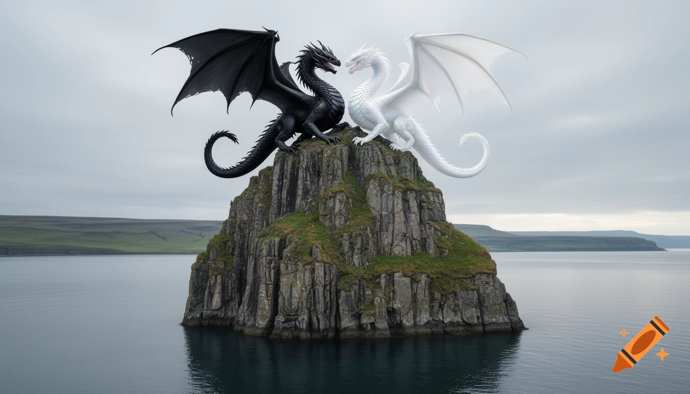A black dragon and a white dragon in a yin-yang formation perched on a rocky island in a calm sea under a cloudy sky.