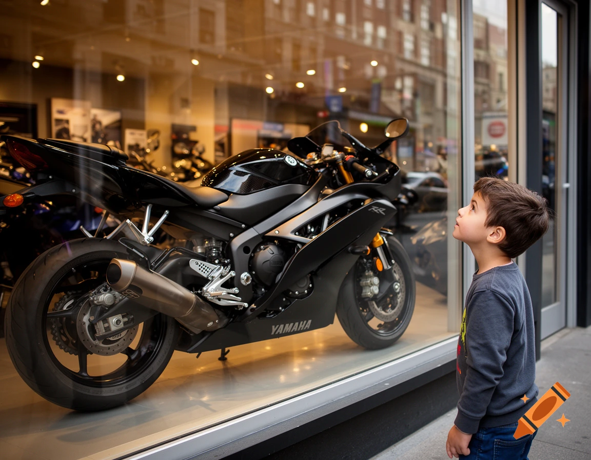 A young boy looks up at a black Yamaha motorcycle displayed in a storefront window on a city street.