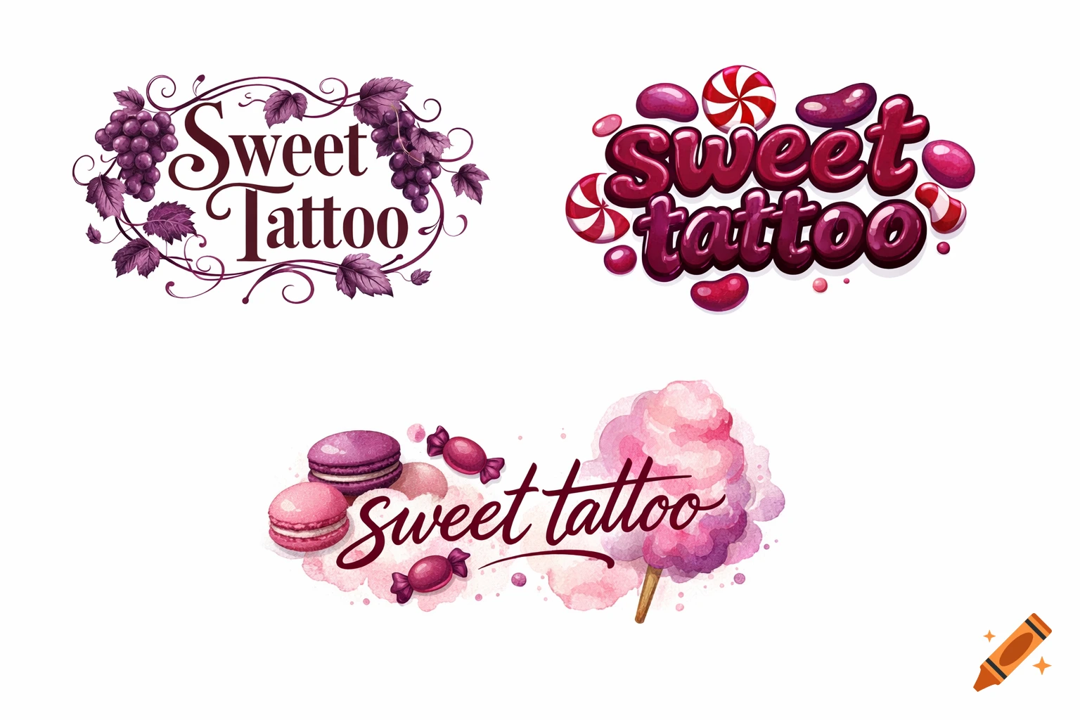 Three distinct 'Sweet Tattoo' logos. One features grapes, another candy, and the third cotton candy with macarons, all in purple and pink tones.