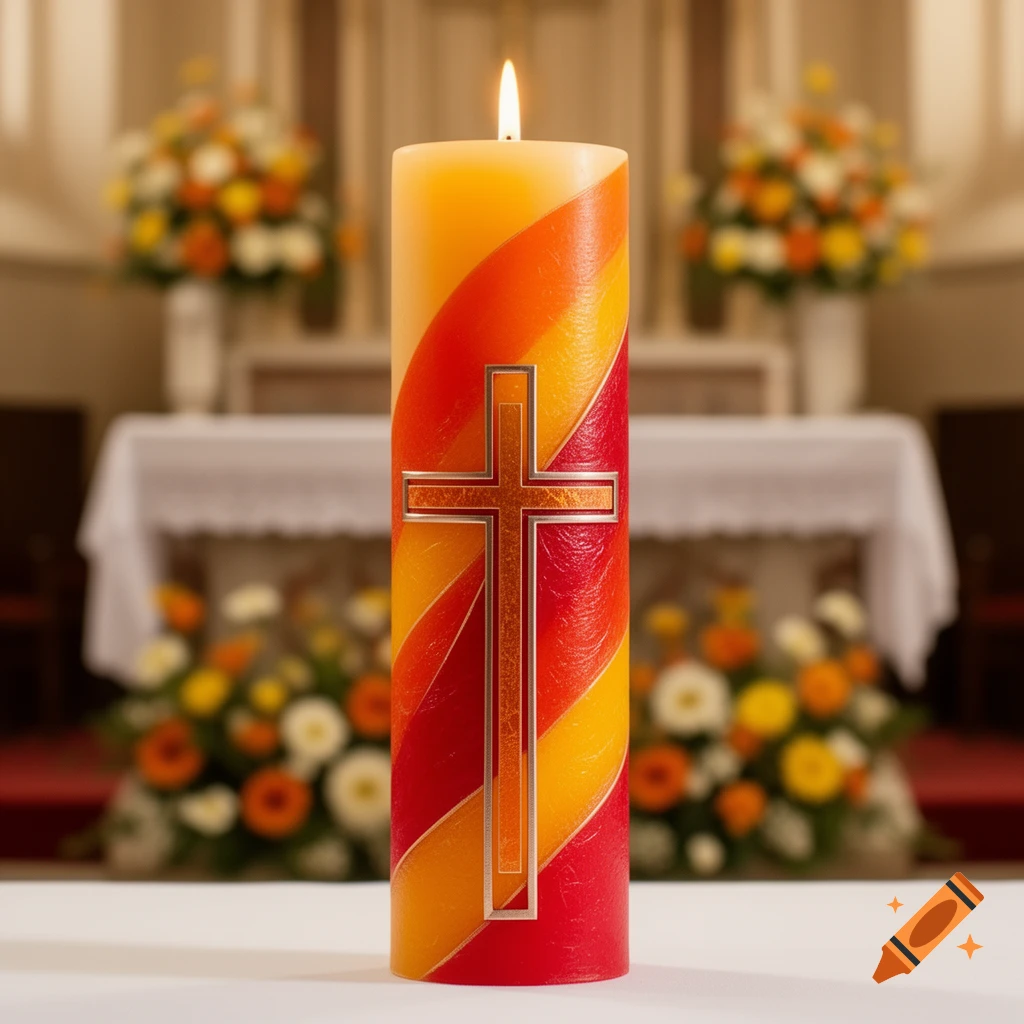 A tall, lit candle with red, orange, and yellow diagonal stripes, featuring a silver cross, set against a blurred church altar with flower arrangements.