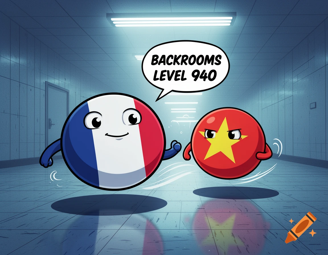 Cartoon of a smiling France countryball chasing an angry Vietnam countryball through a Backrooms hallway. France says, "BACKROOMS LEVEL 940" in a speech bubble.