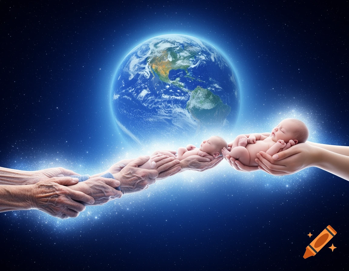 Hands of different ages cradling babies extend towards a glowing Earth in a starry blue space, symbolizing the life cycle.