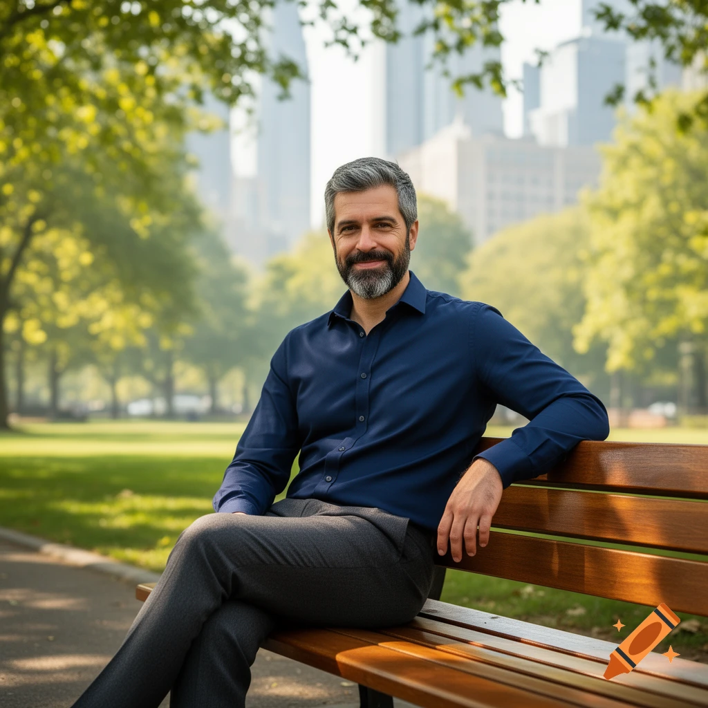 A smiling man with a beard sits on a park bench, with blurry trees and city buildings in the background.