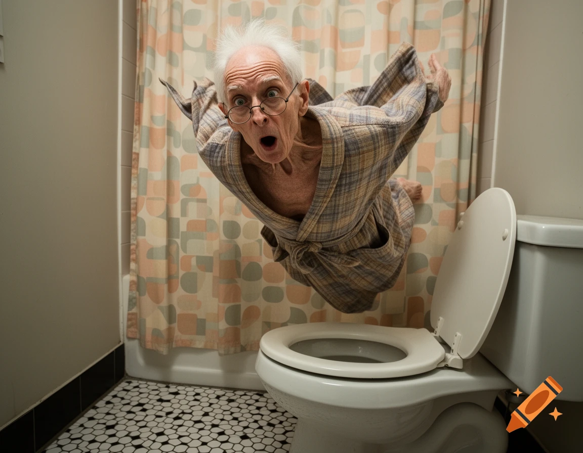 A wide-eyed elderly man in a plaid bathrobe floats dramatically above a toilet in a bathroom with patterned shower curtain.