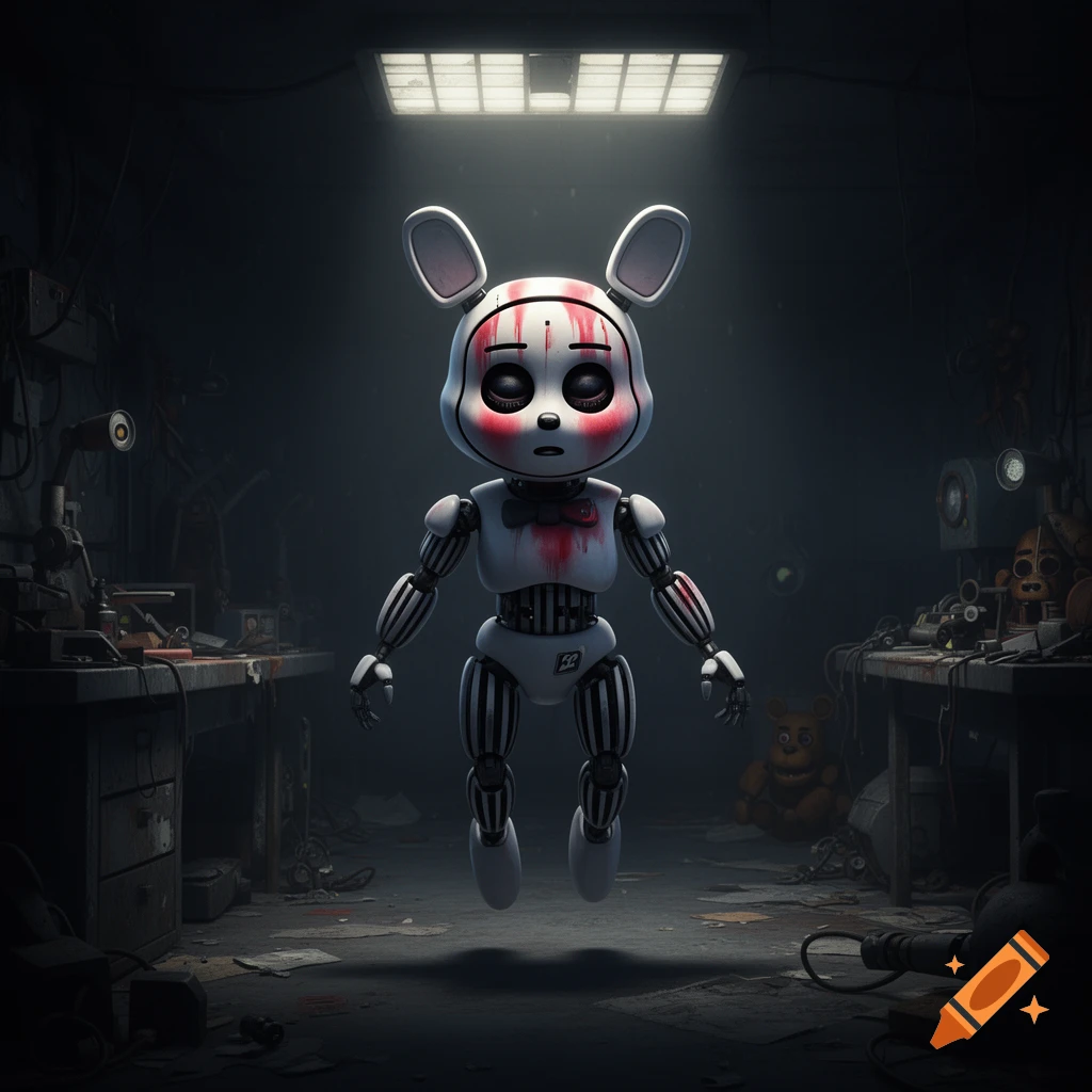 A white bunny-like animatronic with red streaks, resembling Puppet from Five Nights at Freddy's, floats in a dimly lit, cluttered workshop.