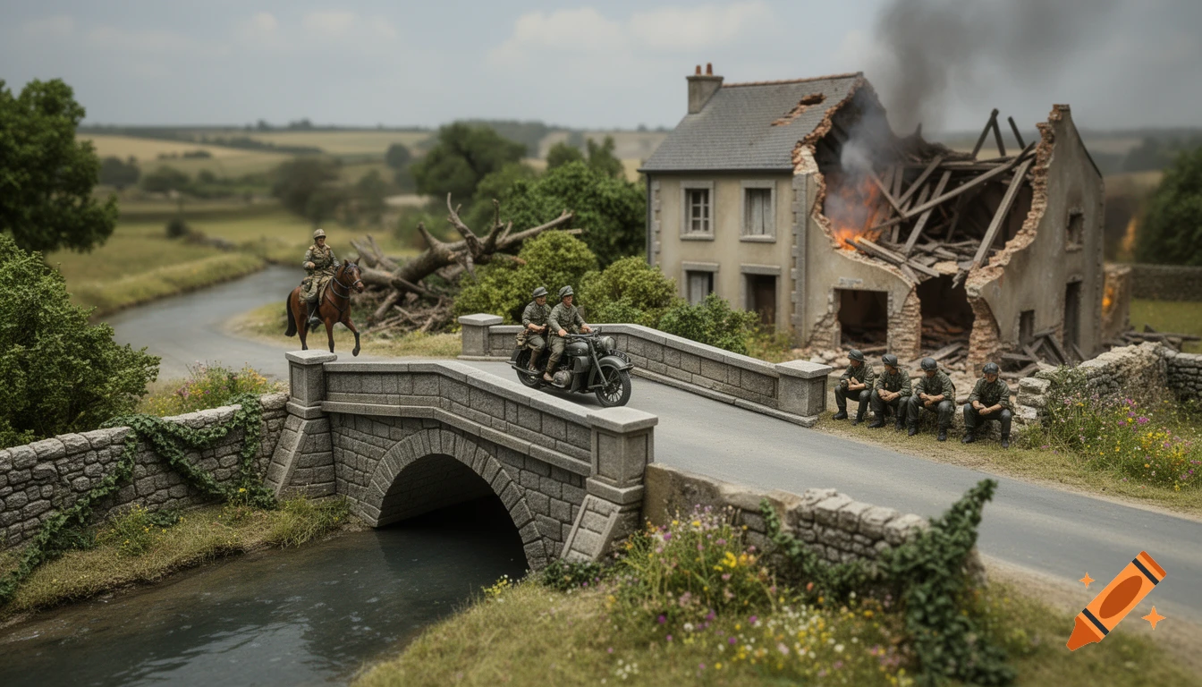 Photorealistic diorama of a WWII rural scene with German soldiers, a stone bridge, and a smoking, ruined farmhouse.