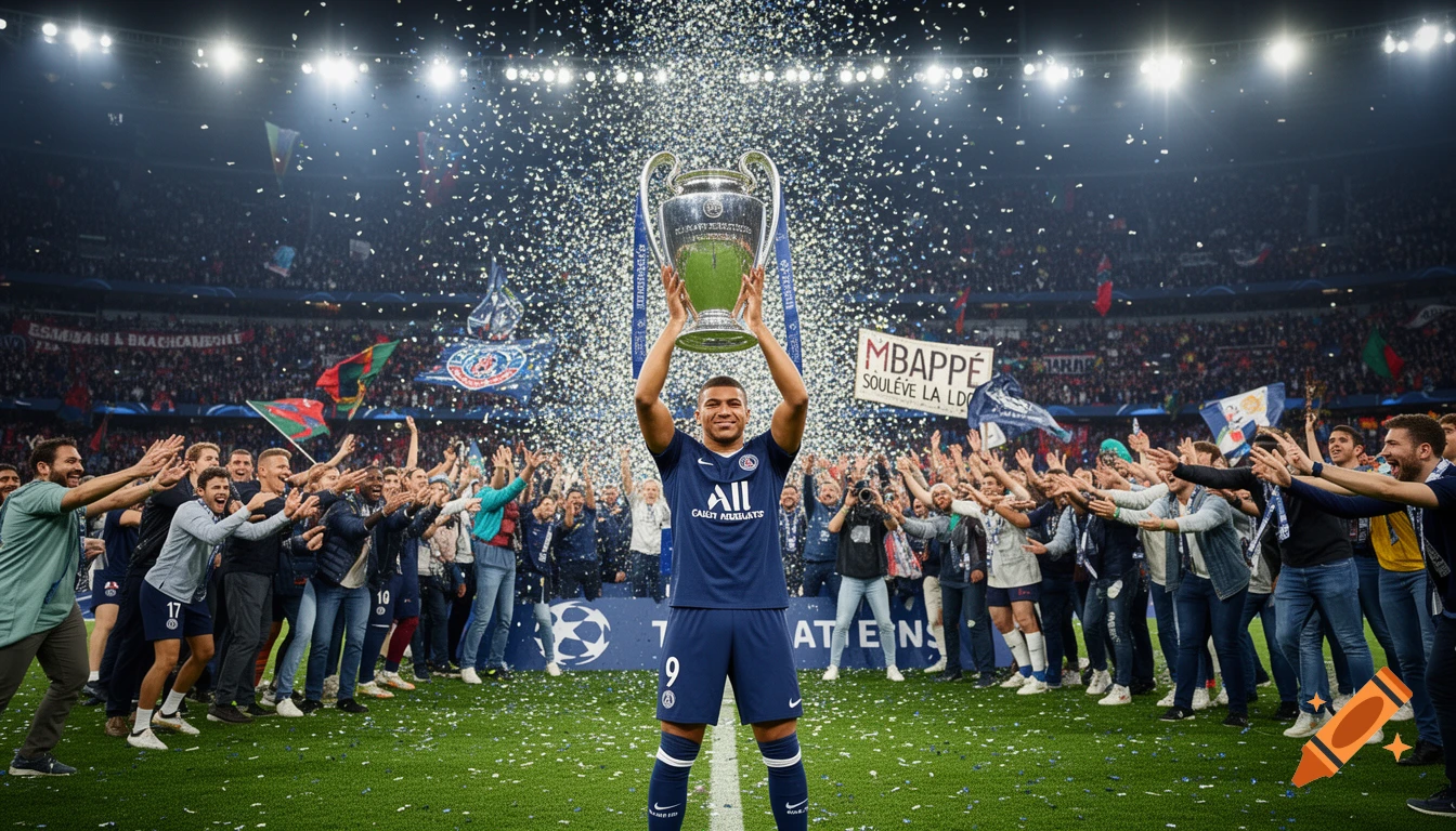 Soccer player Mbappé holds a large silver trophy over his head on a confetti-strewn field, surrounded by cheering fans in a stadium.