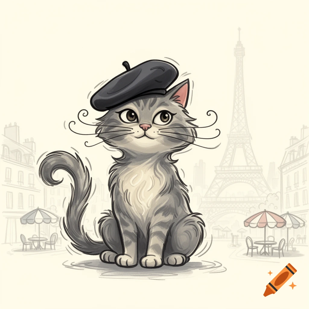A cartoon grey cat wearing a black beret sits in a Parisian street with the Eiffel Tower and cafes in the background.