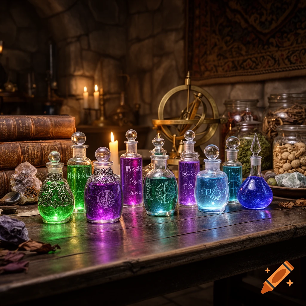 An array of glowing, colorful magical potions on a wooden table with old books, candles, and alchemical instruments in a mystical room.
