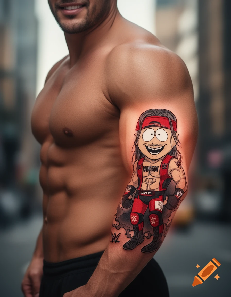 A muscular, shirtless man with a stylized cartoon tattoo of Randy Marsh dressed as Randy Orton on his biceps.