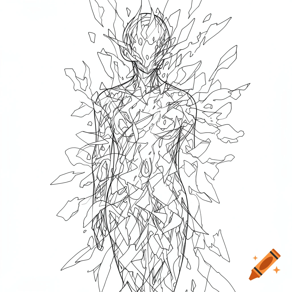 Abstract black and white line art forms a subtle human silhouette from irregular, shard-like shapes.