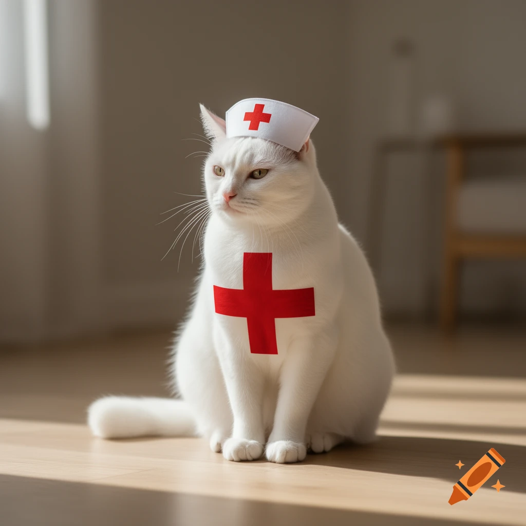 A white cat sits on a wooden floor, wearing a white nurse's cap with a red cross and a large red cross on its chest in a sunlit room.