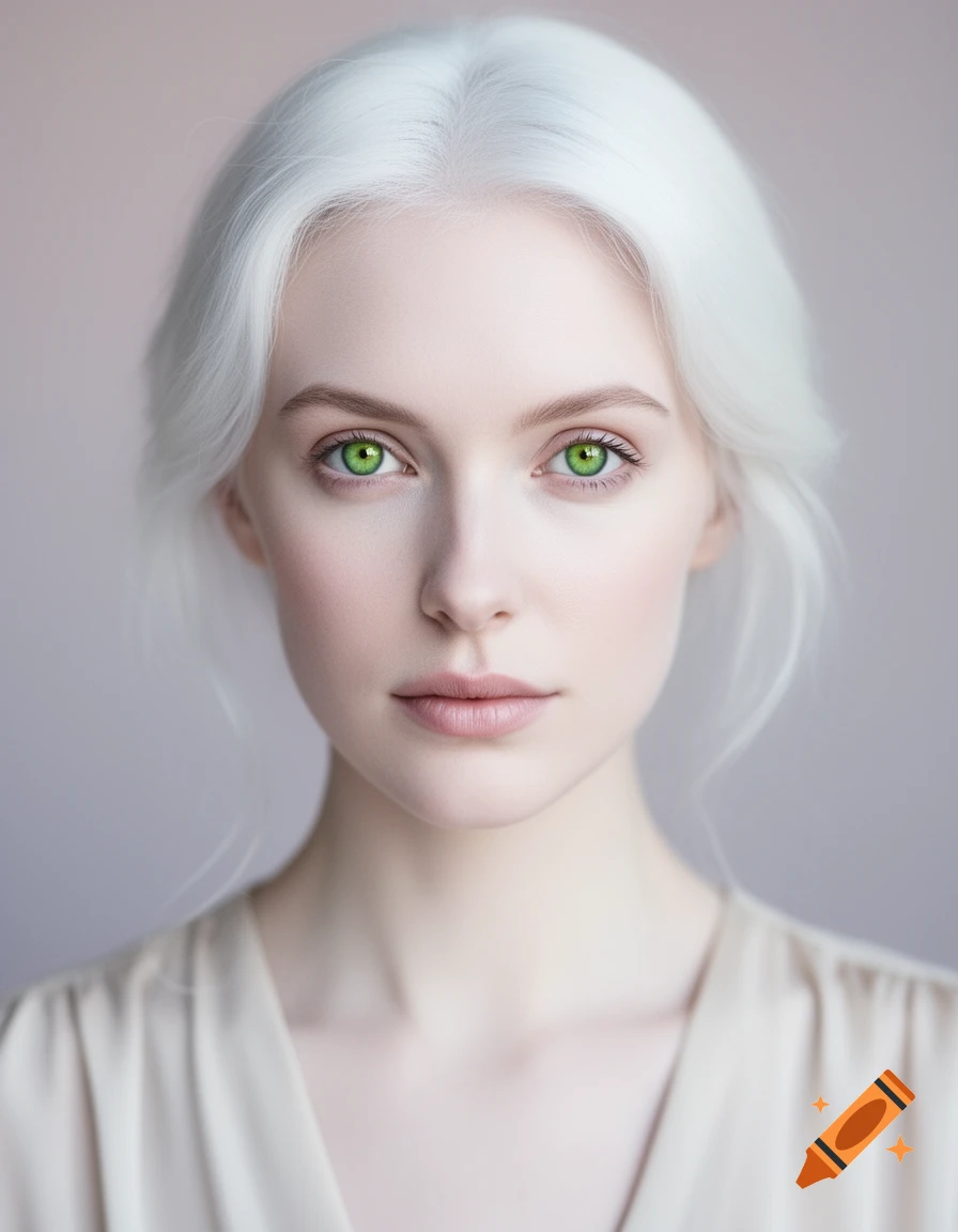 Photorealistic portrait of a woman with white hair, pale skin, and bright green eyes looking directly at the viewer.