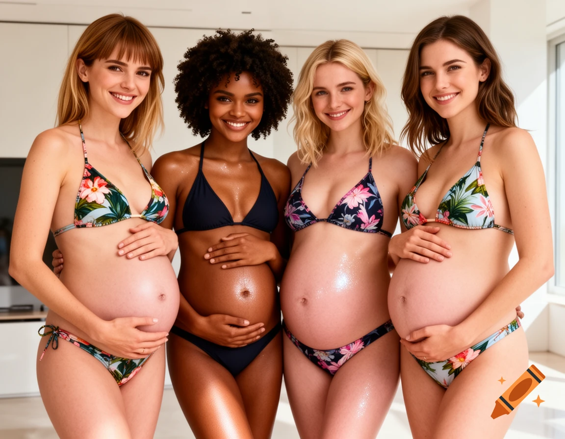 Four smiling pregnant women in bikinis, gently holding their large baby bumps, in a bright, modern setting.