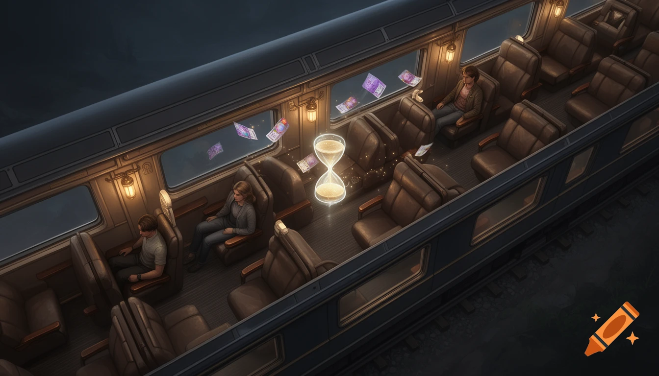 Top-down view of a vintage train car with a few passengers, an illuminated hourglass, and magical floating tickets, rendered in an illustrative style.