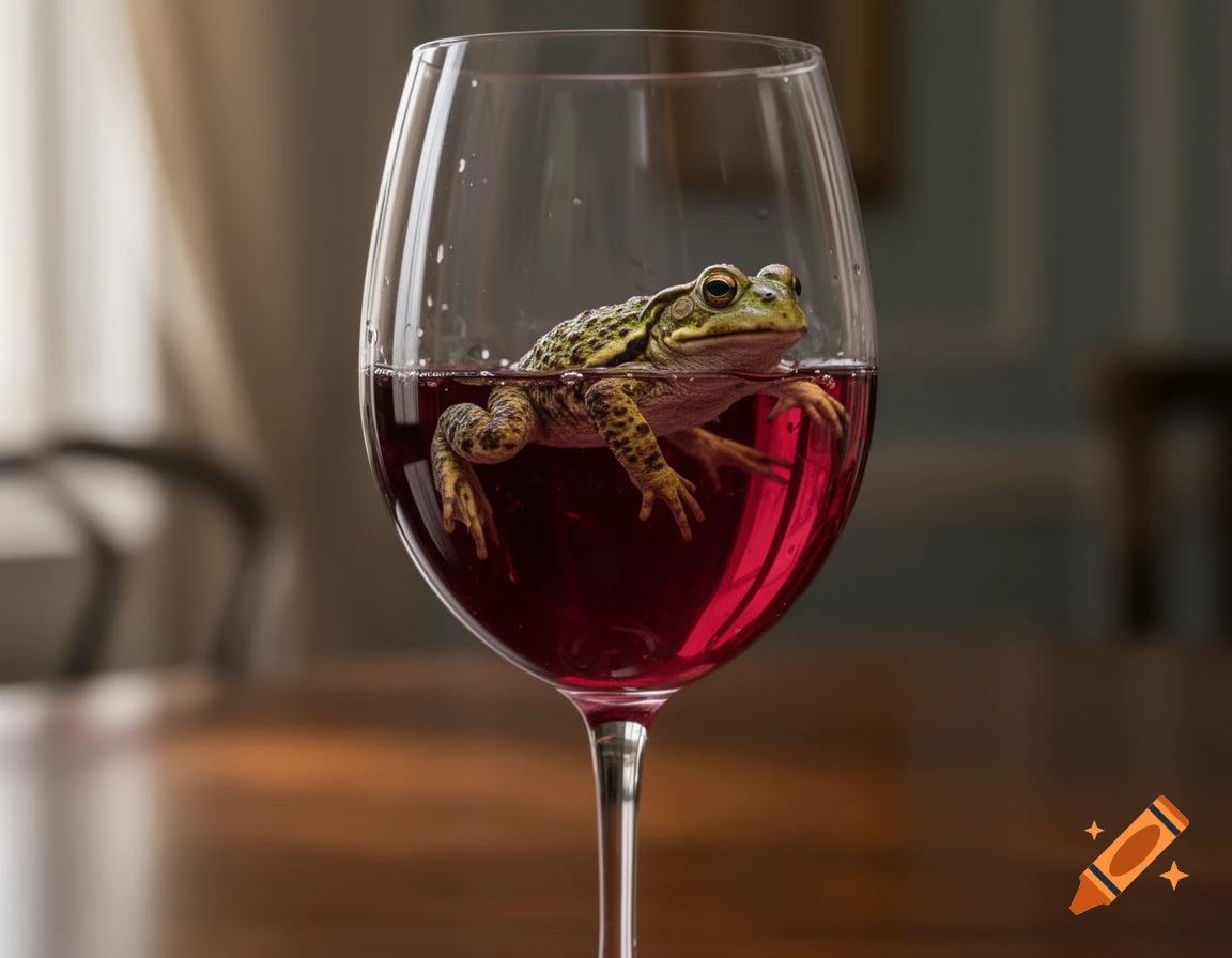 A green frog floats on its back in a wine glass filled with red wine, against a blurred indoor background.