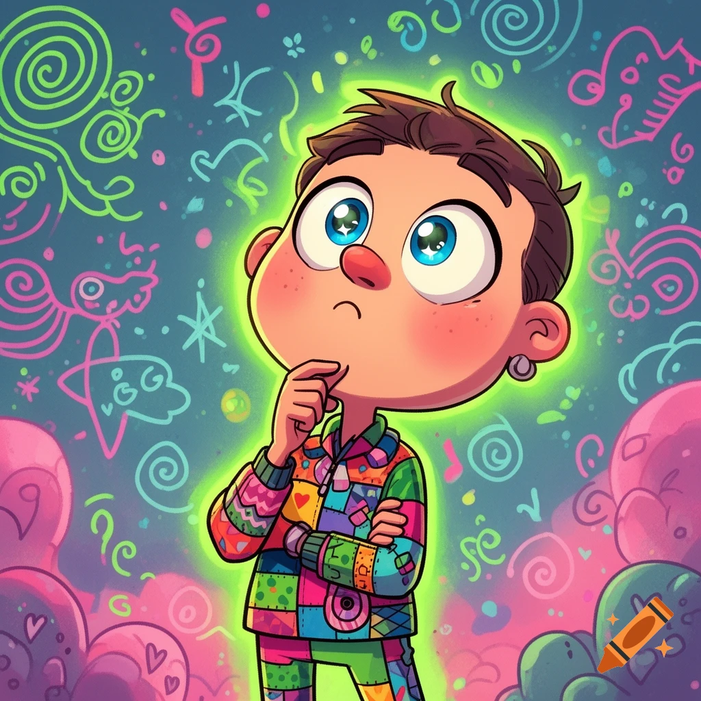 A curious cartoon boy with big blue eyes, wearing a colorful patchwork outfit, stands thoughtfully with his hand on his chin amidst a vibrant, abstract background.