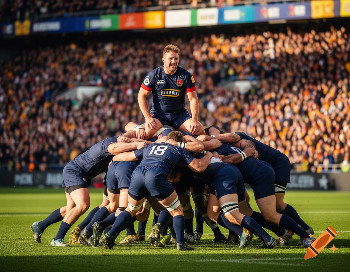 A rugby player stands atop a maul of players during a match on a sunny day with a crowd in the background, photorealistic style.
