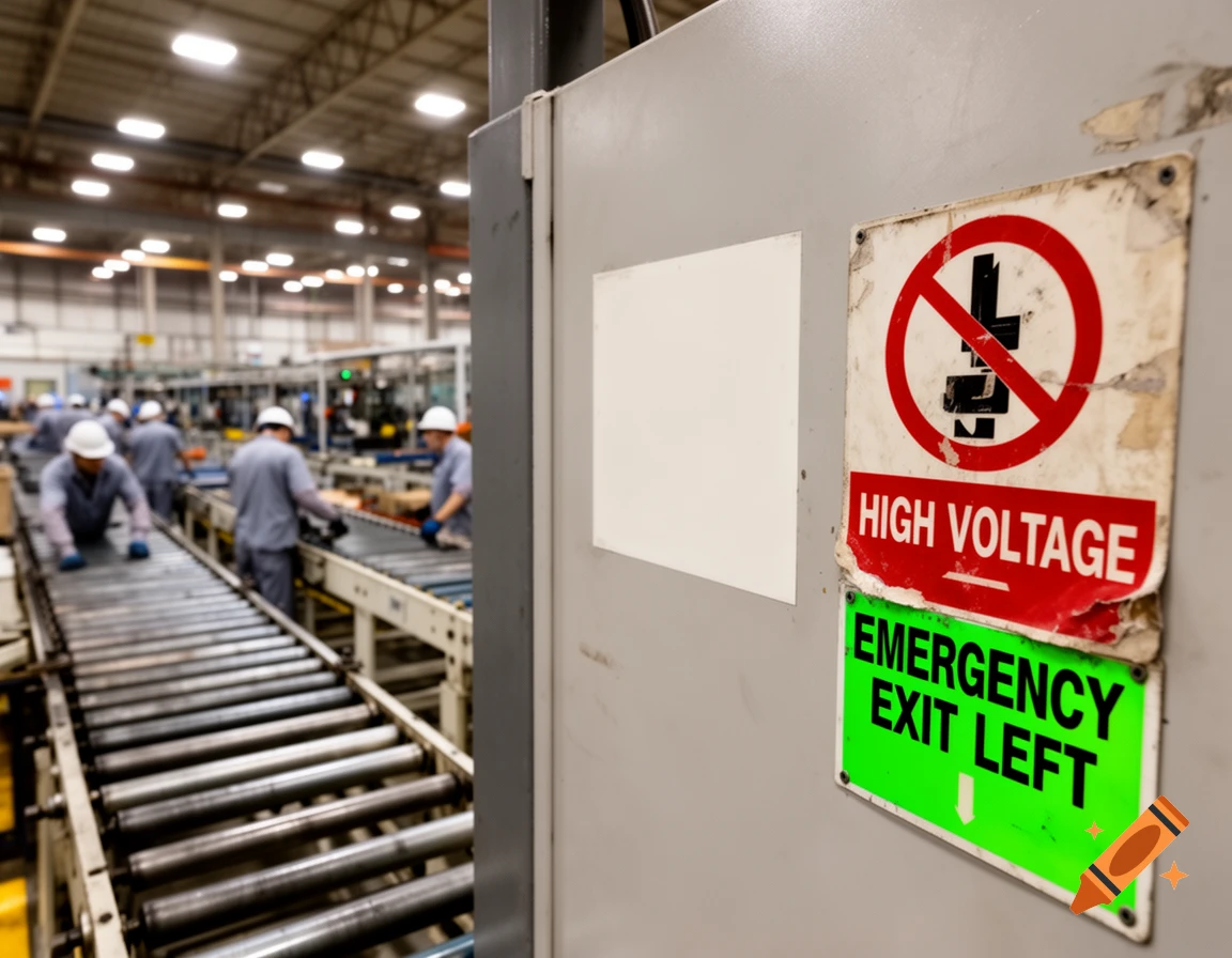 Photorealistic image of a factory floor with blurred workers on a conveyor belt and prominent safety signs on a grey machine.