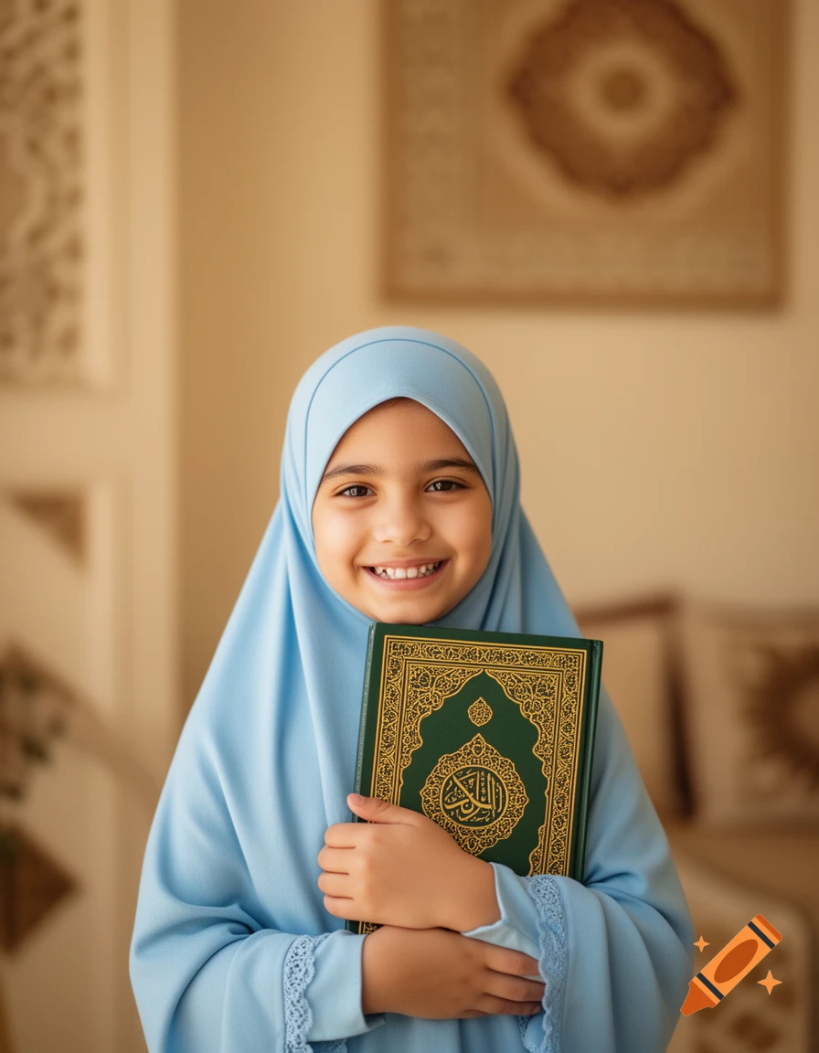 A smiling little girl in a light blue hijab holds a green book with golden Arabic calligraphy, looking at the camera.