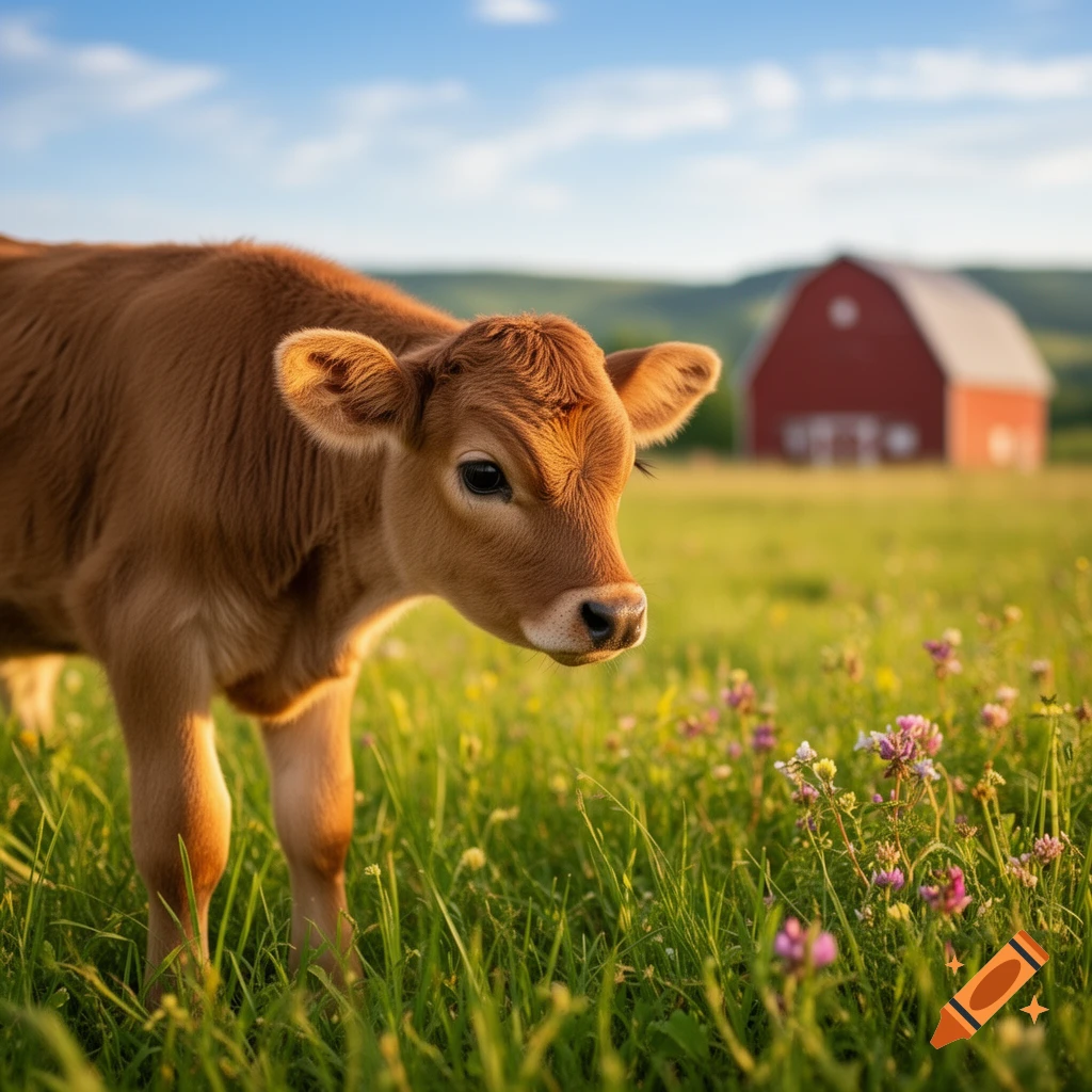 A brown calf stands in a sunlit green field with wildflowers, a red barn in the background under a blue sky.